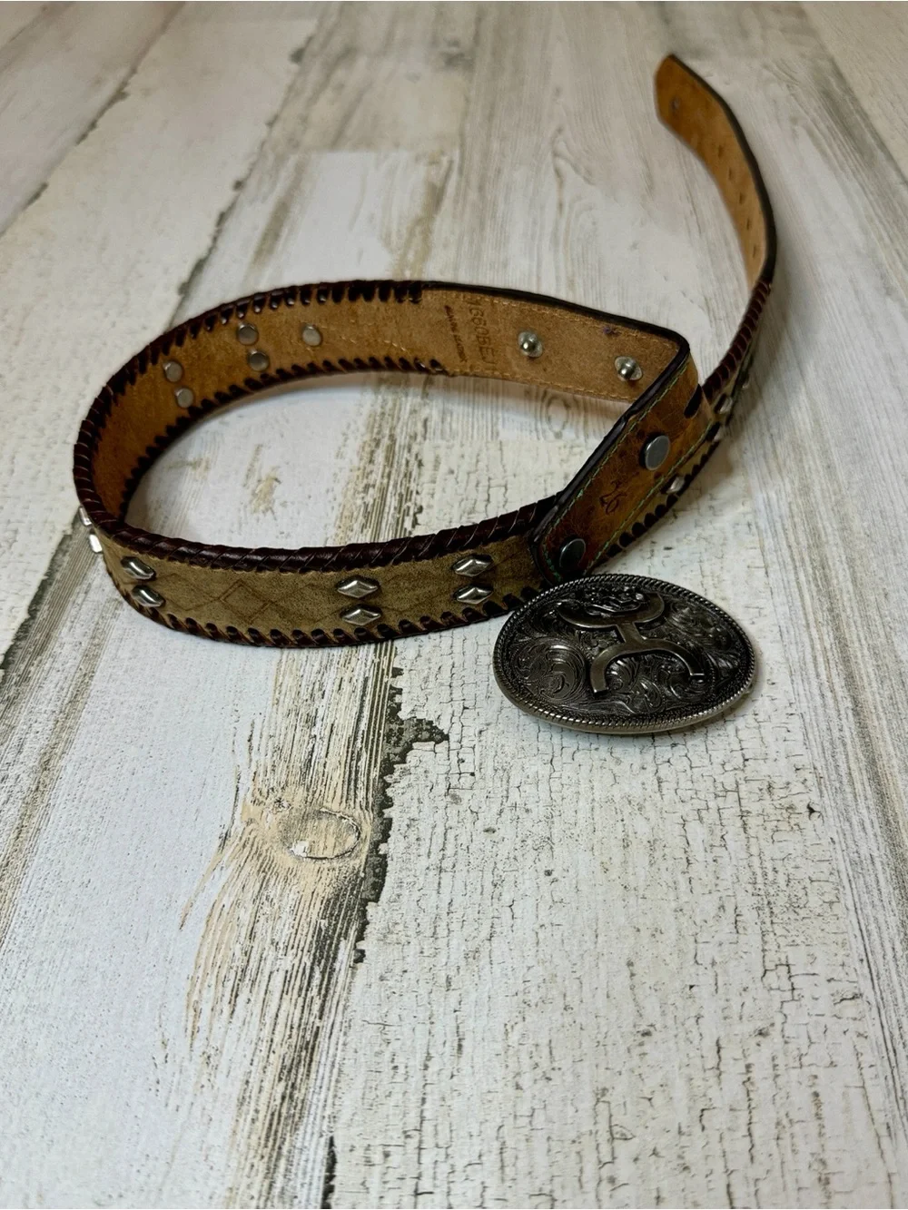 Hooey Leather Distressed Belt Whipstitch Studded Silvertone Removable Buckle 26